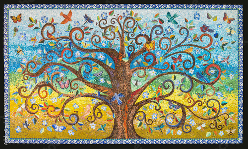 Fotografiet Small mosaic tiles pattern forming a Tree of Life background
Mosaic artwork made