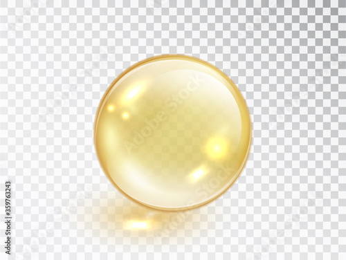 Gold oil bubble isolated on transparent background. Vector realistic yellow serum droplet of drug or collagen essence. Vitamin translucent pill.