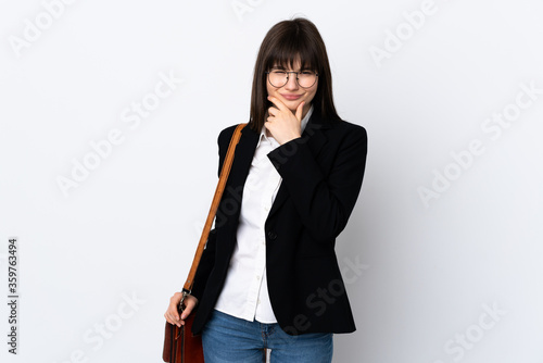 Ukranian business woman isolated on white background laughing