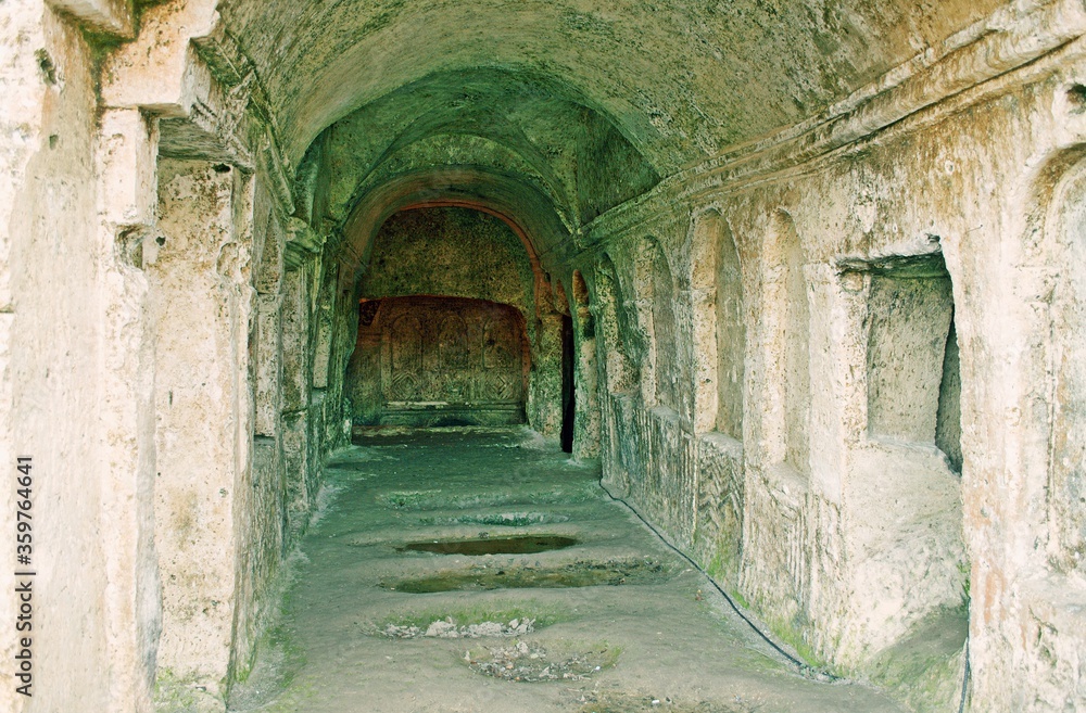 Fototapeta premium Turkey, Kirklareli, Kiyikoy. Monastery of St. Nicholas on border of Turkey and Bulgaria. Christian temple in rock, built in 15th century. under protection of UNESCO.