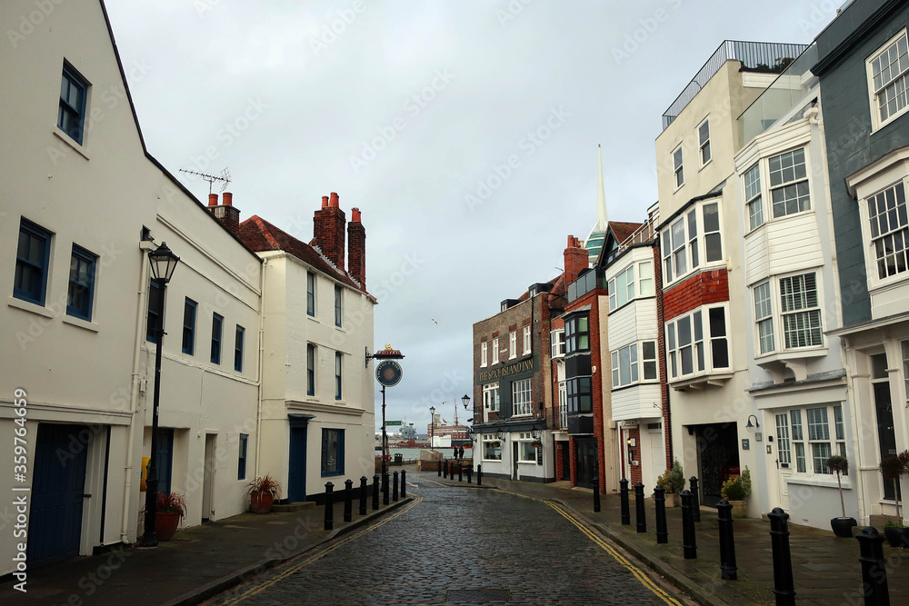 Historical center of Portsmouth view by rainy day, England