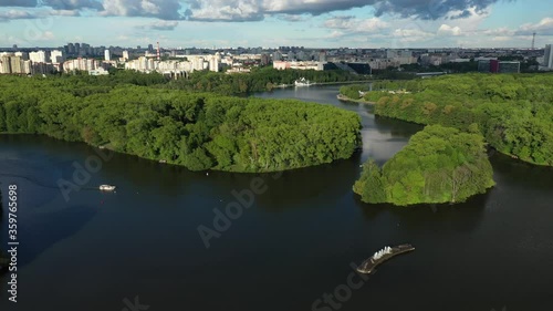 Great Fountain in Minsk (Belarus). Victory Park Minsk, Belarus, fountain sail. Aerial view, cityscape of Minsk. 