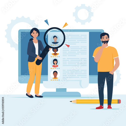 Concept Human Resources, Recruitment for web page, banner, presentation, social media, documents, cards, posters. Young team looking for employees online. Vector illustration in flat style