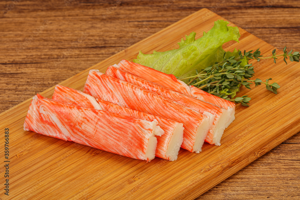 Crab sticks served salad leaves Crab sticks served salad leaves