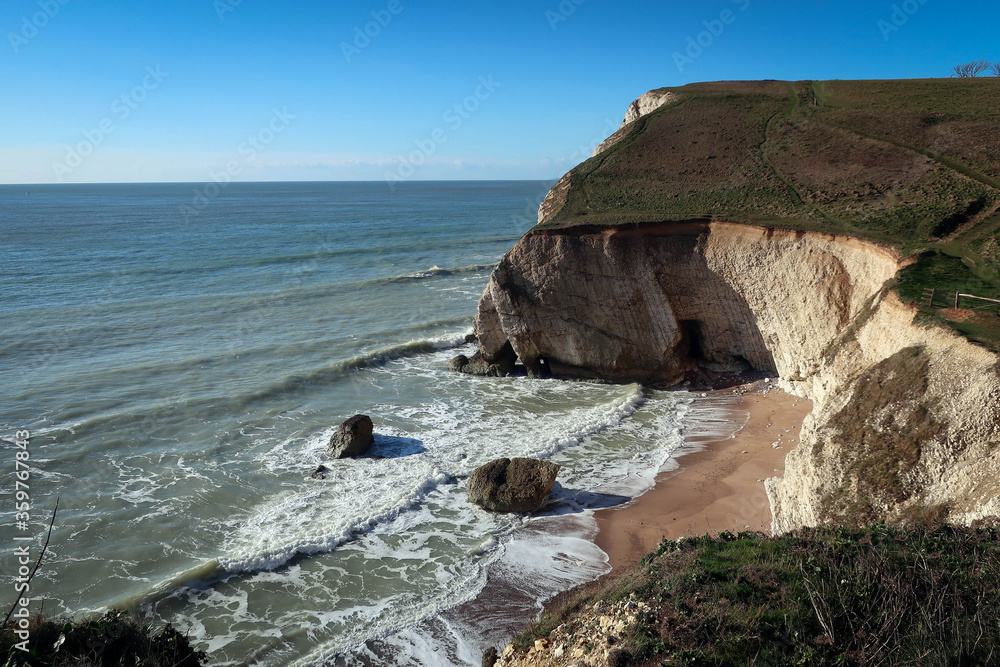 White chalk cliffs view near Freshwater Bay, Isle of Wight, England White chalk cliffs view near Freshwater Bay, Isle of Wight, England
