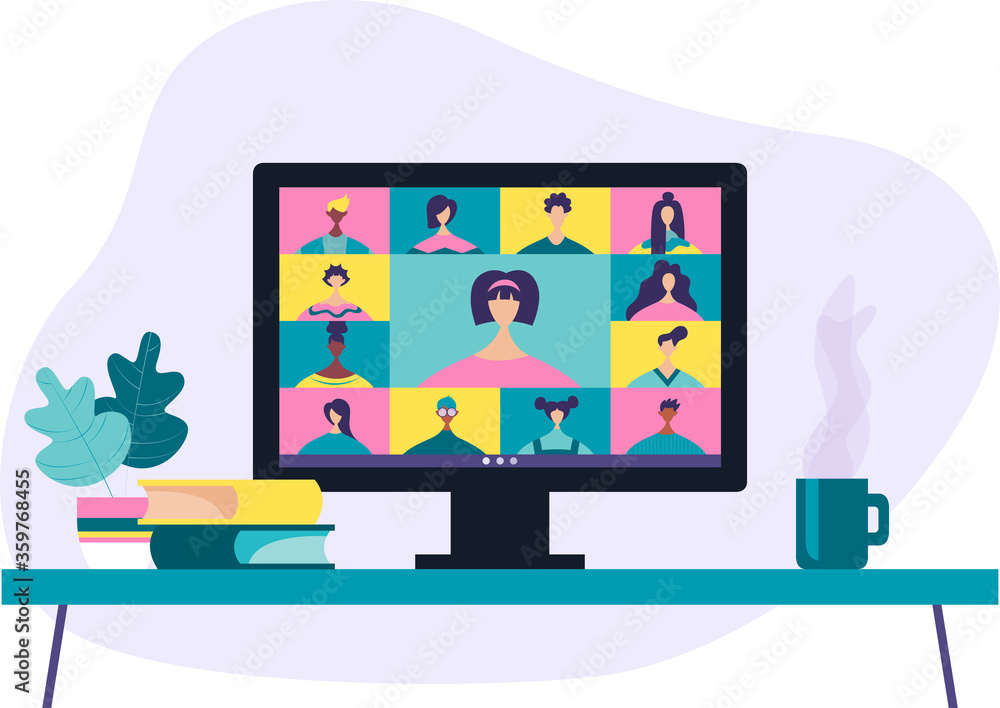 Fototapeta premium Conference video call, remote project management, quarantine, chat with friends. Vector illustration in a modern style.