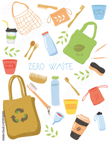 Zero Waste icon collection with recyclable plastics, reusable eco bags and wooden accessories, colored vector illustration on white