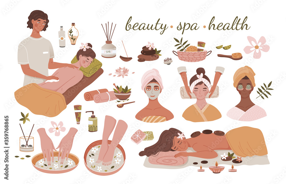 Large spa, beauty and wellness set showing assorted treatments for relaxation, body care and skincare, therapies and accessories, colored vector illustration