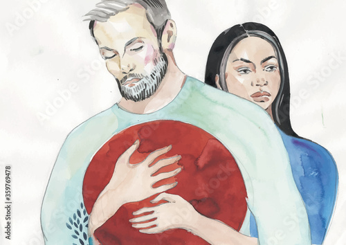 Obraz na plátně A woman hugging back a white bearded man