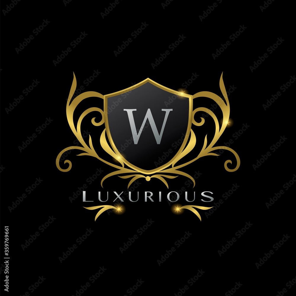 Golden Letter W Luxurious Shield Logo, vector design concept for luxuries business identity Golden Letter W Luxurious Shield Logo, vector design concept for luxuries business identity