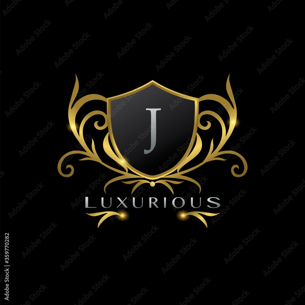 Golden Letter J Luxurious Shield Logo, vector design concept for luxuries business identity Golden Letter J Luxurious Shield Logo, vector design concept for luxuries business identity