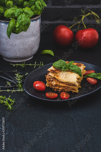 Piece of homemade vegetarian soy lasagne on a black plate, tomatoes, herbes and basil on dark background, vertical with copy space