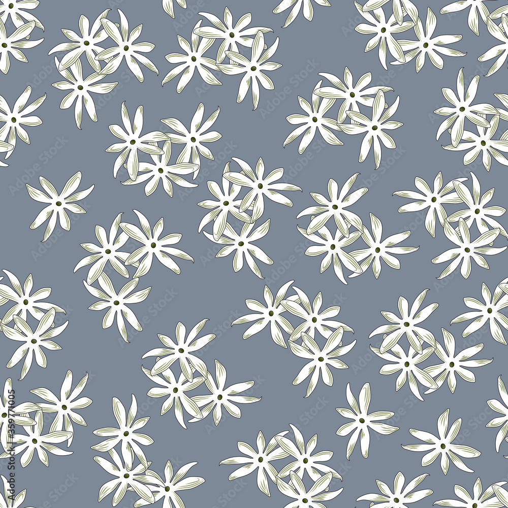 Seamless floral print, randomly arranged groups of white with olive flowers, gray background.