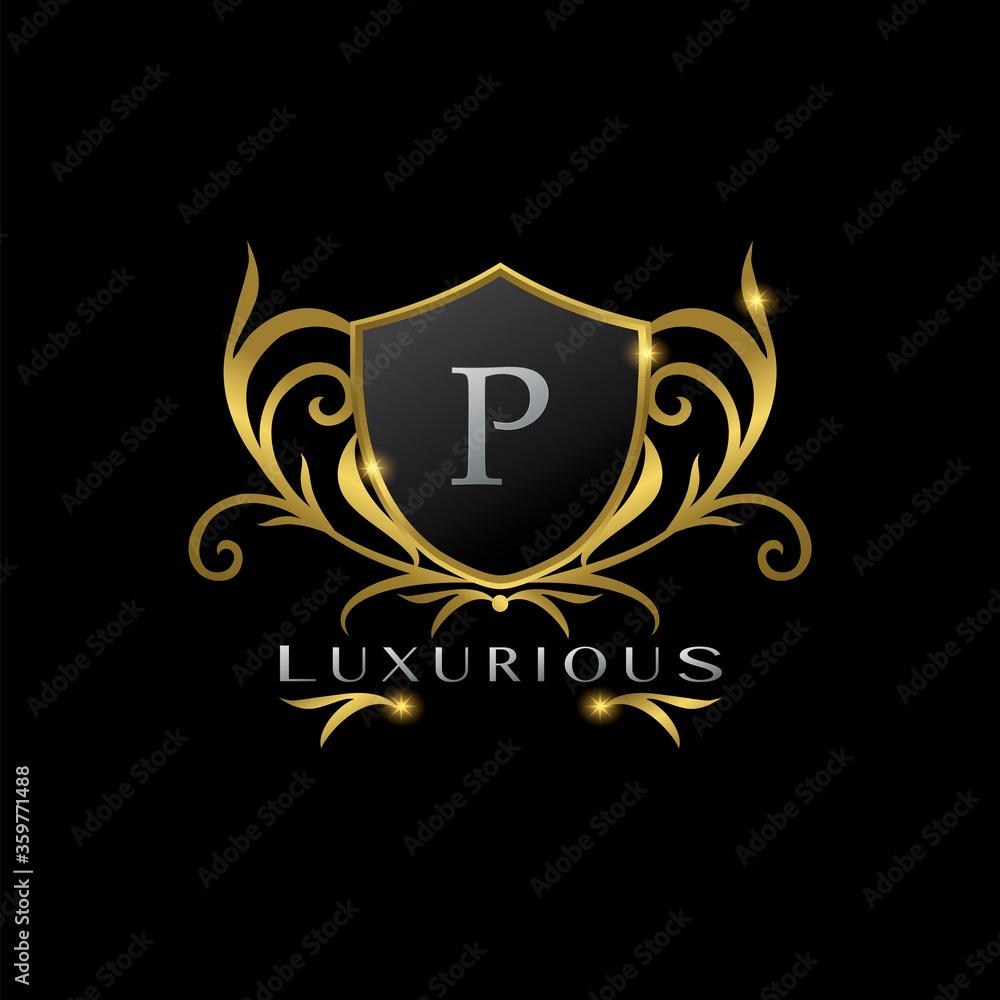 Golden Letter P Luxurious Shield Logo, vector design concept for luxuries business identity Golden Letter P Luxurious Shield Logo, vector design concept for luxuries business identity