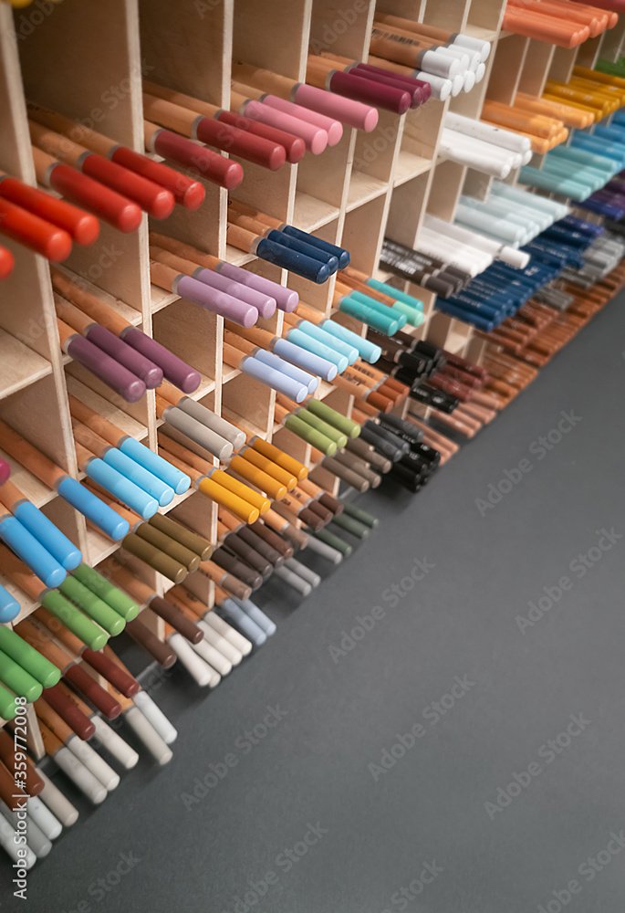 color pencils on the shelves of an art store. Concept of preparation for drawing. Pencil background
color pencils on the shelves of an art store. Concept of preparation for drawing. Pencil background