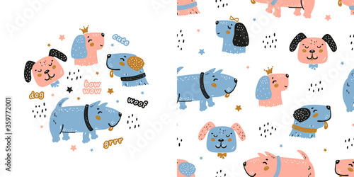 Happy Cute Dogs Childish Seamless Pattern and T-shirt Print Design for Kids Fashion. Doodle Cartoon Funny Puppies Faces Vector Background for Kids. Scandinavian Poster and Wallpaper for Baby

