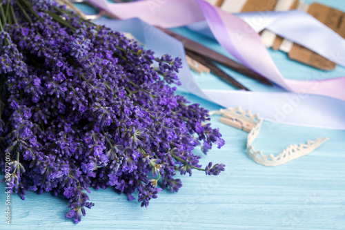 lavender bouquet on a blue background