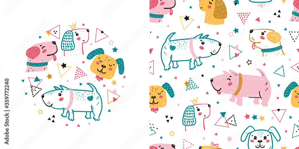 Happy Cute Dogs, Triangles and Stars. T-shirt Print Design and Childish Seamless Pattern for Kids Fashion. Doodle Cartoon Funny Puppies Geometric Background. Scandinavian Poster and Wallpaper for Baby