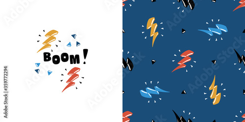 Boom. Colorful Lightning Bolt Signs with Triangles. T-shirt Print Design and Seamless Pattern for Kids Fashion. Vector Geometric Background with Doodle Thunderbolts. Poster and Wallpaper for Children