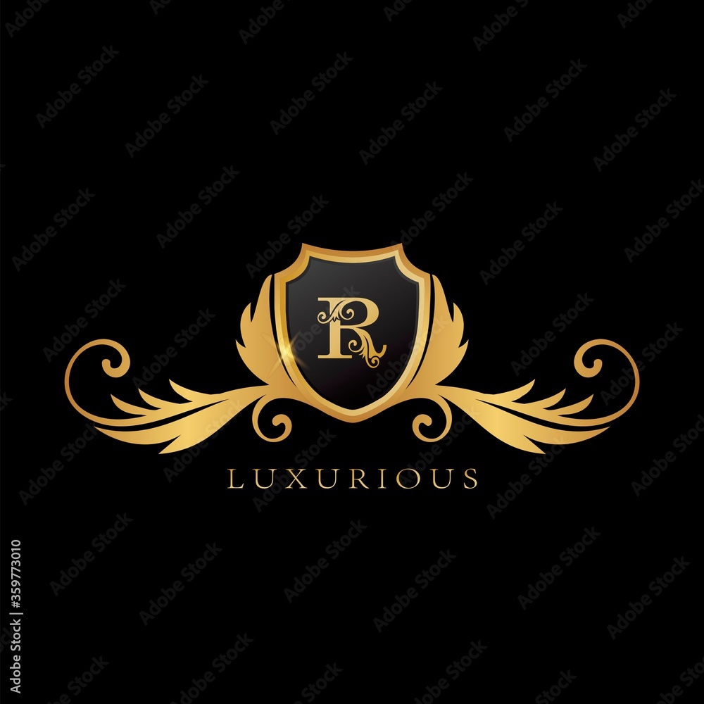 Golden R Logo Luxurious Shield logo design concept. Golden R Logo Luxurious Shield logo design concept.