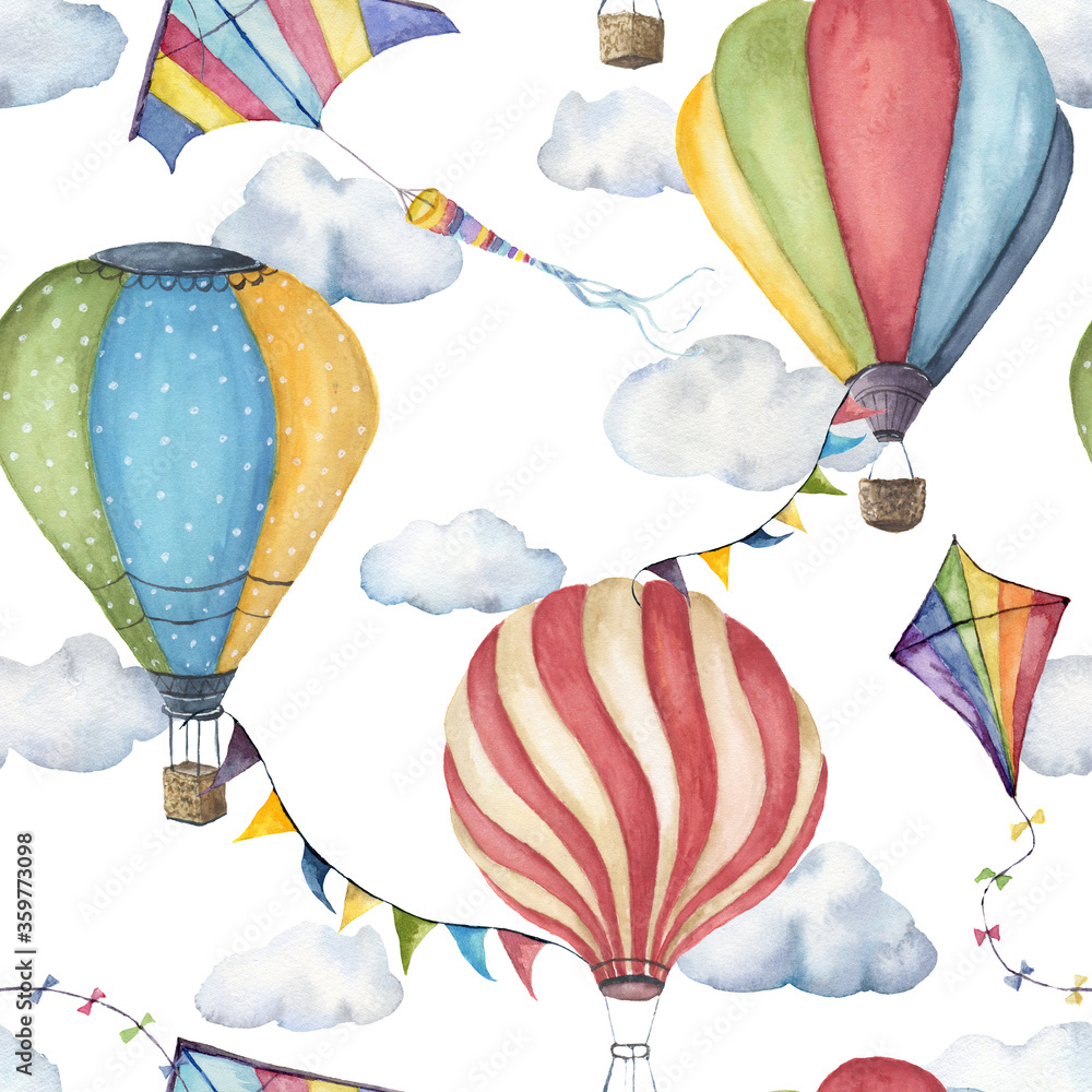 Fototapeta Watercolor seamless pattern with hot air balloons, kites and flag garlands. Hand painted sky illustration with aerostate and clouds isolated on white background. For design, fabric or background.