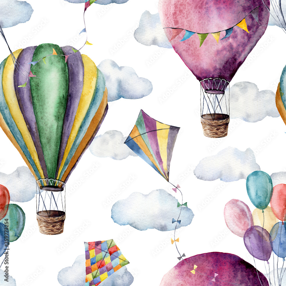 Fototapeta Watercolor seamless pattern with hot air balloons, flag garlands and kites. Hand painted sky illustration with aerostate and clouds isolated on white background. For design, fabric or background.
