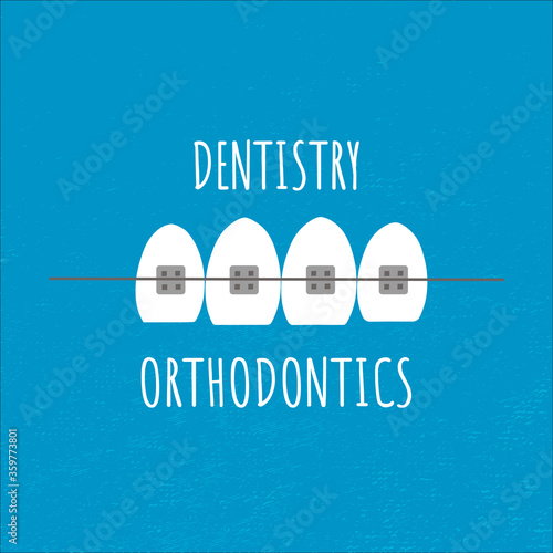 Dentistry Teeth with braces. Vector illustration of orthodontic appliance icon on isolated blue background. Minimal flat for
dental clinics, banner,web,logo