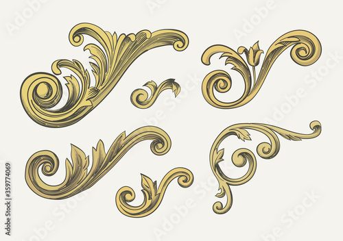 Baroque elements. Golden leaves and flowers. Swirls for design.  