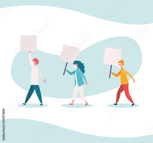 People with medical masks and banners boards vector design