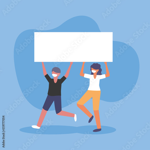 Woman and man with medical mask and banner board vector design