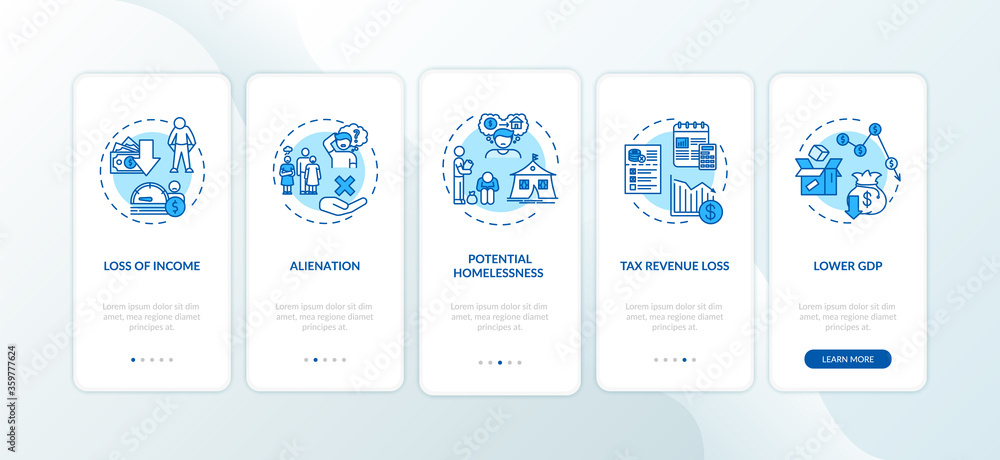 Consequences of unemployment onboarding mobile app page screen with concepts. Results of mass jobs loss walkthrough five steps graphic instructions. UI vector template with RGB color illustrations