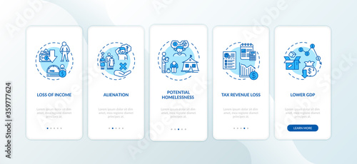 Consequences of unemployment onboarding mobile app page screen with concepts. Results of mass jobs loss walkthrough five steps graphic instructions. UI vector template with RGB color illustrations