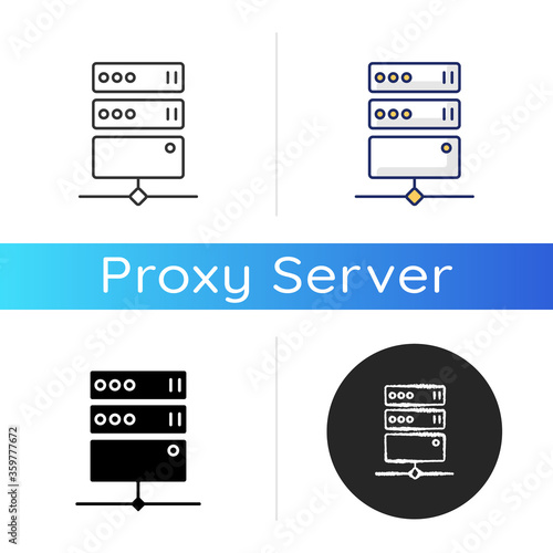 Proxy server icon. Online resource access. Internet privacy and virtual traffic routing. Linear black and RGB color styles. Private VPS technology, data center. Isolated vector illustrations