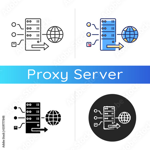Forward proxy icon. Internet accessibility and firewall bypassing. Cyber security. Linear black and RGB color styles. VPS for user anonymity and protection. Isolated vector illustrations