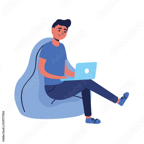 Man with laptop on puf vector design