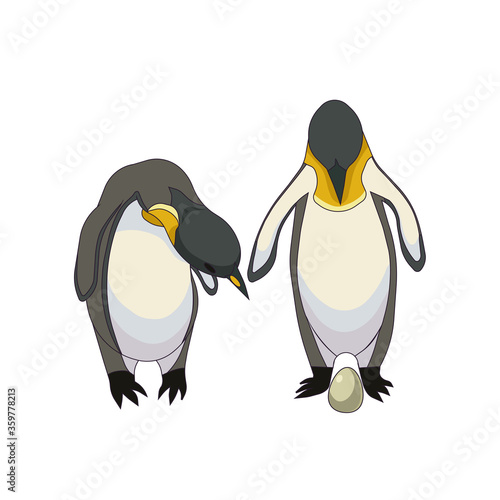 Family of Emperor penguins with an egg in Cartoon style on white isolated background, vector illustration for prints and stickers, concept of Ornithology and Polar birds, Antarctic Wildlife or Family.
