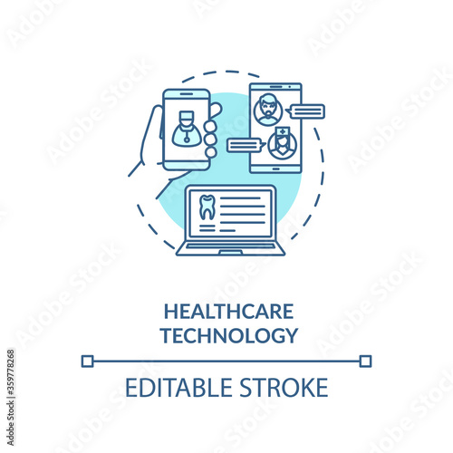 Healthcare technology turquoise concept icon. Remote communication, doctor and patient. Hospital mobile app idea thin line illustration. Vector isolated outline RGB color drawing. Editable stroke