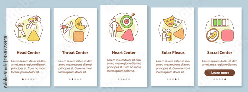 Energy center classification onboarding mobile app page screen with concepts. Human design system walkthrough 5 steps graphic instructions. UI vector template with RGB color illustrations