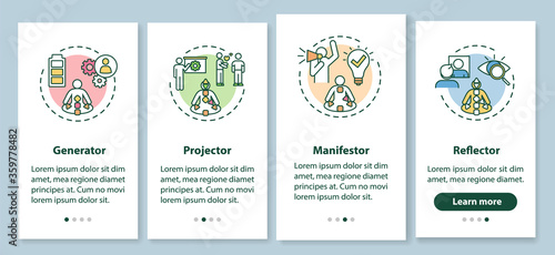 Human design type onboarding mobile app page screen with concepts. Personality classification walkthrough 4 steps graphic instructions. UI vector template with RGB color illustrations #359778482