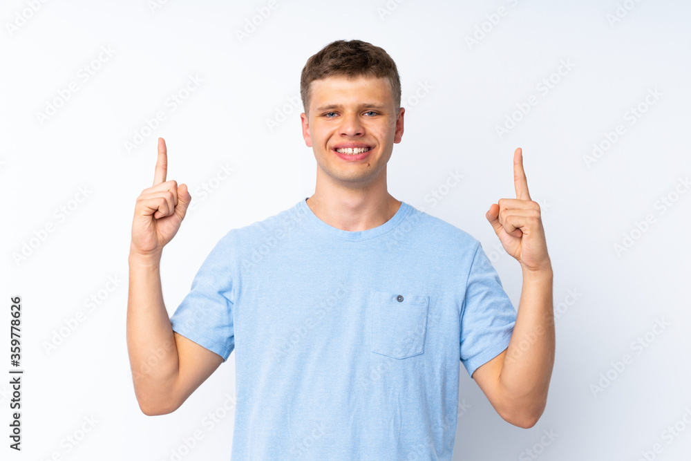 Young handsome man over isolated white background pointing up a great idea Young handsome man over isolated white background pointing up a great idea