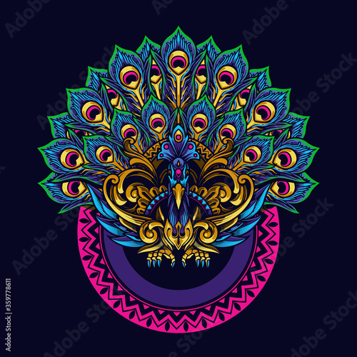 mandala peacock illustration and tshirt design