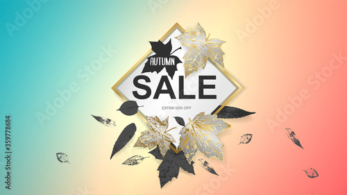 Autumn sale design poster  banner  flyer  sticker template with golden autumnal maple leaf on yellow  green and red background. Bright fall season leaves on sticker. Promotion vector illustration