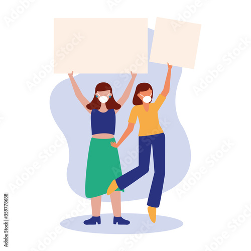 Women with medical masks and banners boards vector design