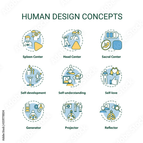 Human design concept icons set. Improve self understanding. Accept oneself. Chakra type. Individuality idea thin line RGB color illustrations. Vector isolated outline drawings. Editable stroke