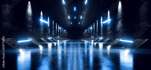 Concrete Hallway Warehouse Industrial Concrete Sci Fi Alien Spaceship Corridor Tunnel Underground Laser Glowing Blue Neon Led Lights Cyber Parking Showcase Background 3D Rendering © IM_VISUALS