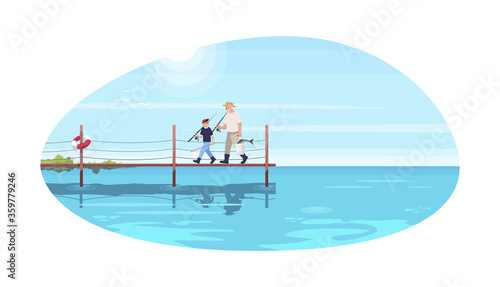 Family walk on bridge semi flat vector illustration. Grandparent take grandchild for fishing. Summer holiday activity. Grandson with grandfather with fish rods 2D cartoon characters for commercial use