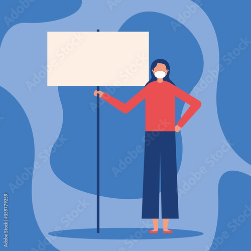 Woman with medical mask and banner board vector design