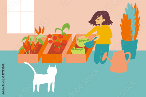 Illustration of woman cultivating organic and fresh vegetables in a urban food garden