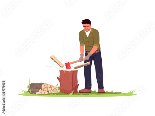 Lumberjack semi flat RGB color vector illustration. Rural lifestyle activity. Handyman with axe in backyard with wood logs. Man cut wood isolated cartoon character on white background