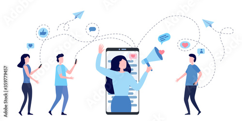 Woman with megaphone on a screen of smartphone. Blogger surrounded with her followers. Concept of influencer marketing, social media promotion services, SMM. Flat vector illustration.